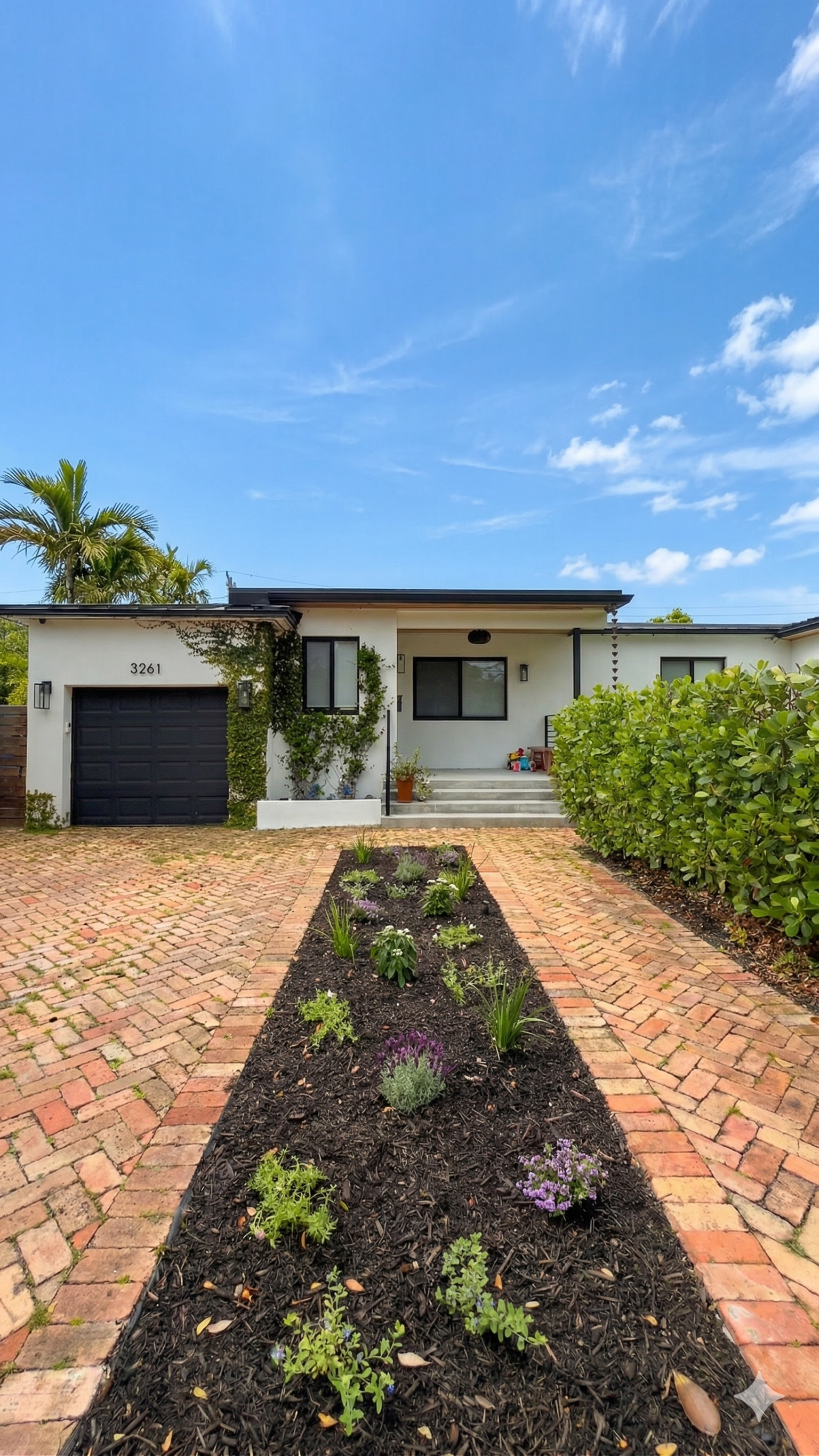 Front view of a modern white house with a black garage door, surrounded by lush greenery, a brick pathway, and a flower bed with various plants, under a bright blue sky with scattered clouds.