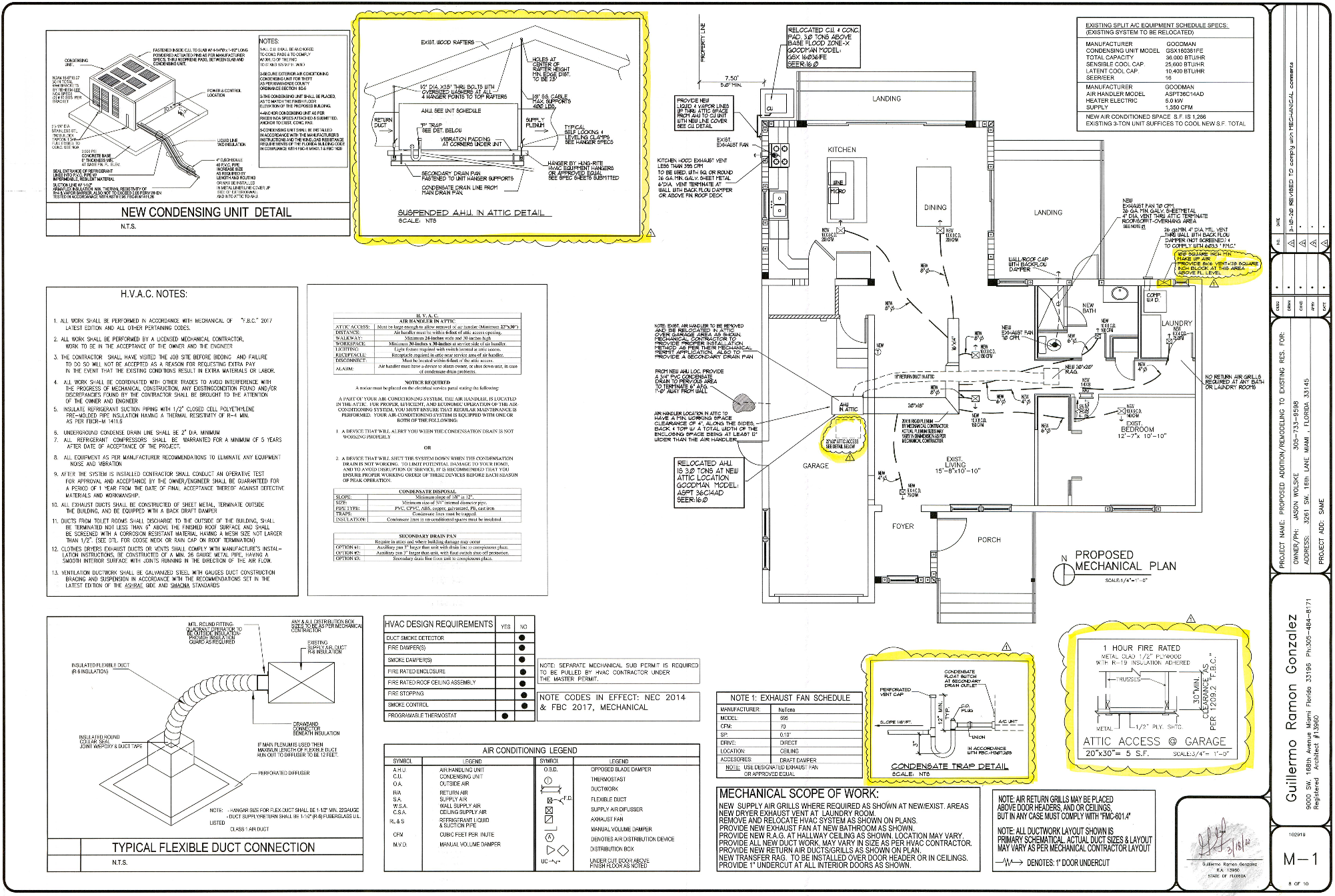 Detailed architectural plan for a residential building, including designated areas for garage, bedrooms, kitchen, dining, laundry, and porch. Several sections are highlighted in yellow, indicating specific mechanical or structural features such as du