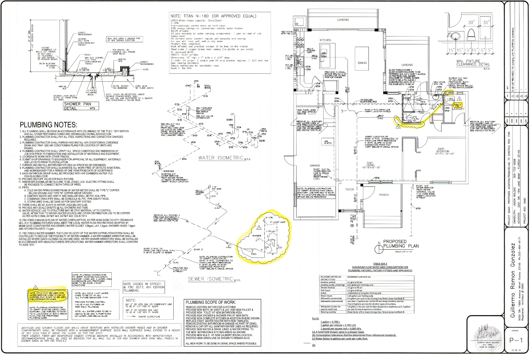 Construction blueprint of a plumbing system with detailed notes, diagrams, and measurements for a residential building, including water and sewer isometric views and a proposed plumbing plan.