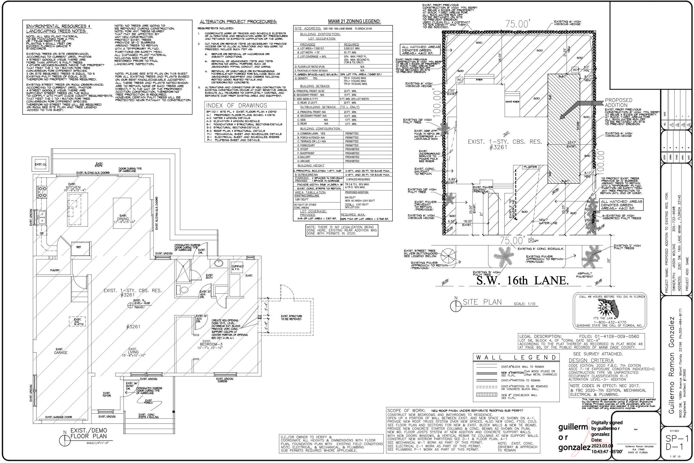A detailed architectural site and floor plan for a construction project, including dimensions, existing structures, proposed additions, legend, and notes.