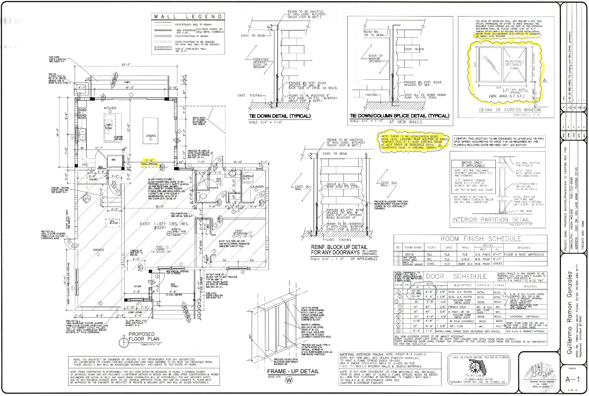 Architectural blueprint floor plan showing room dimensions, door and window placements, wall details, and construction notes for a house.