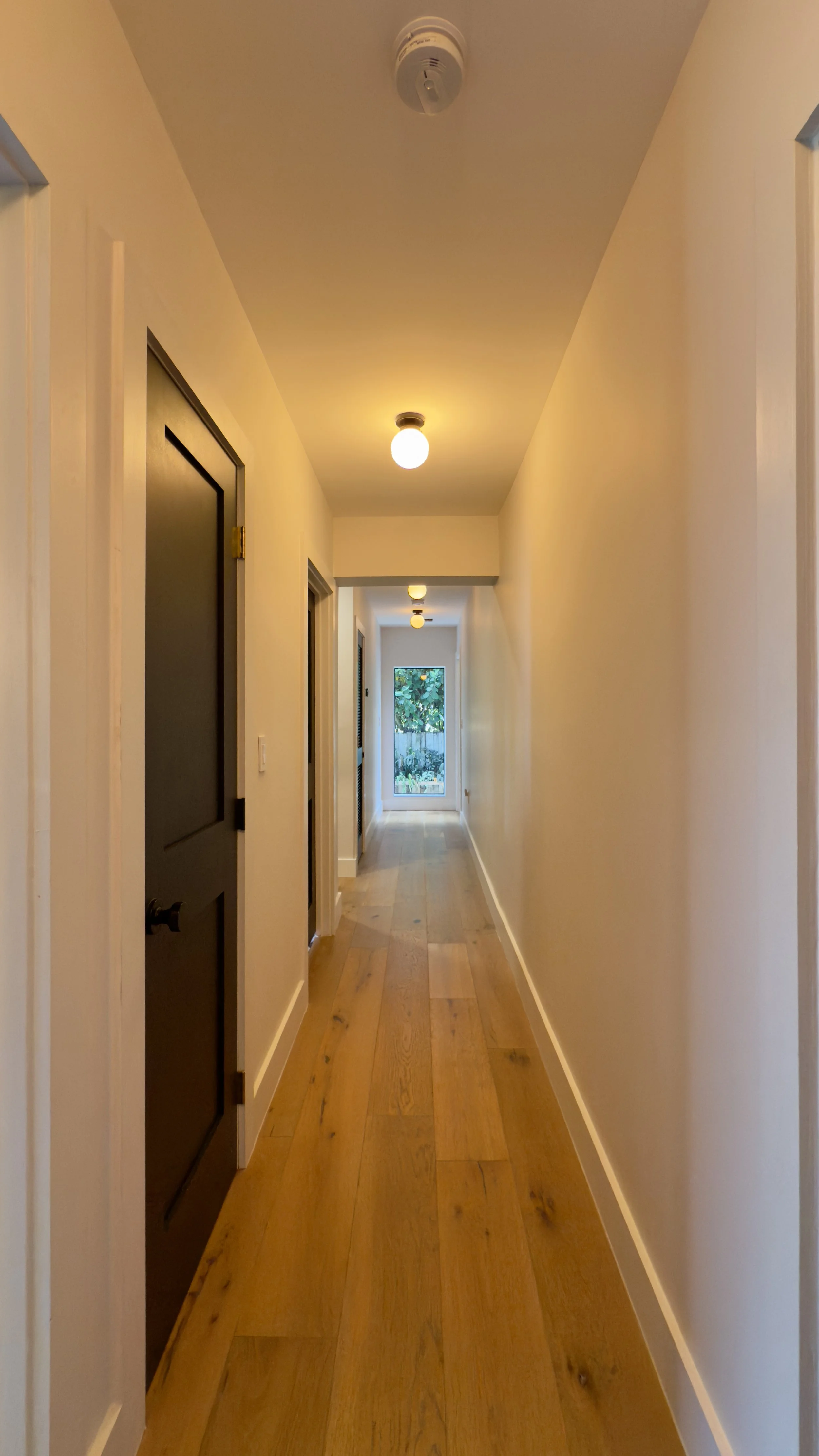 Long hallway with wooden flooring, white walls, multiple ceiling-mounted lights, a door on the left, a window at the end showing greenery outside.