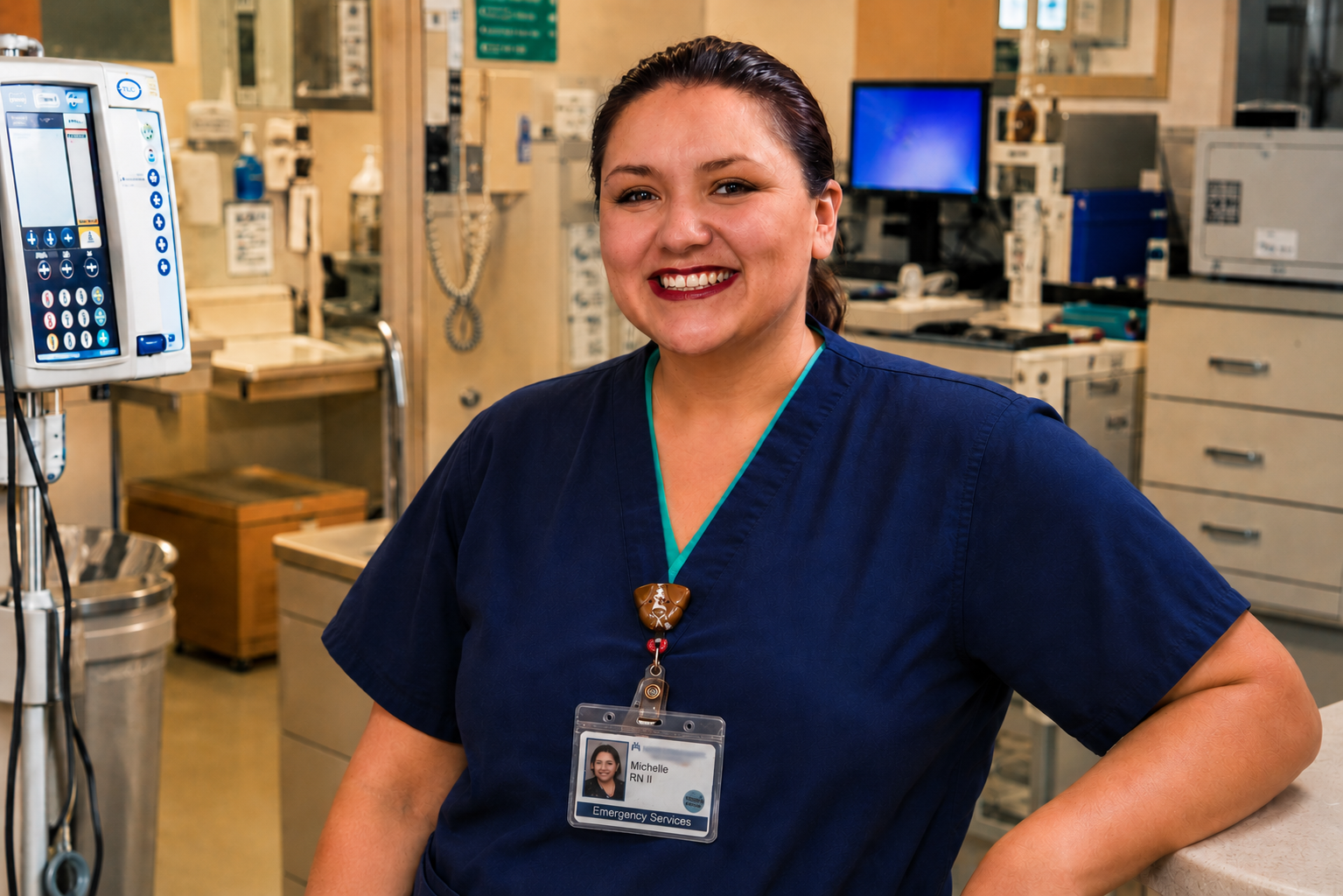 A female healthcare professional in navy scrubs smiling in a hospital setting with medical equipment and monitors in the background.