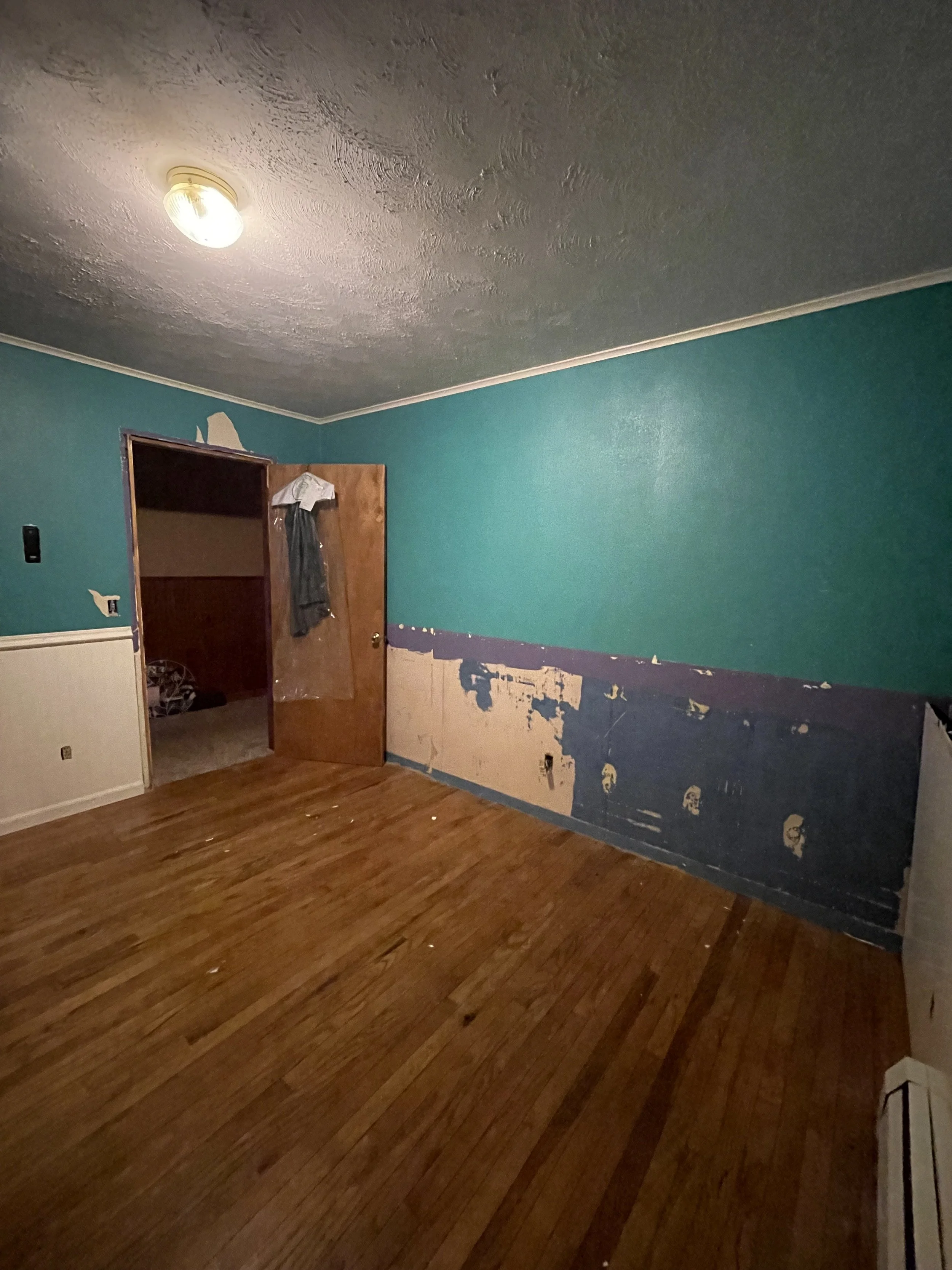 Empty room with green painted walls, a partially removed wall covering, hardwood floor, and a ceiling light