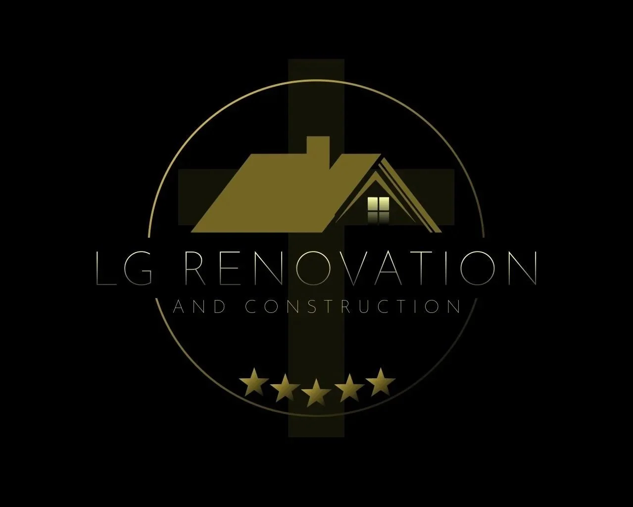 Logo for LG Renovation and Construction featuring a gold house silhouette, crossed hammer and wrench, five gold stars, and the company name with modern font on a black background.