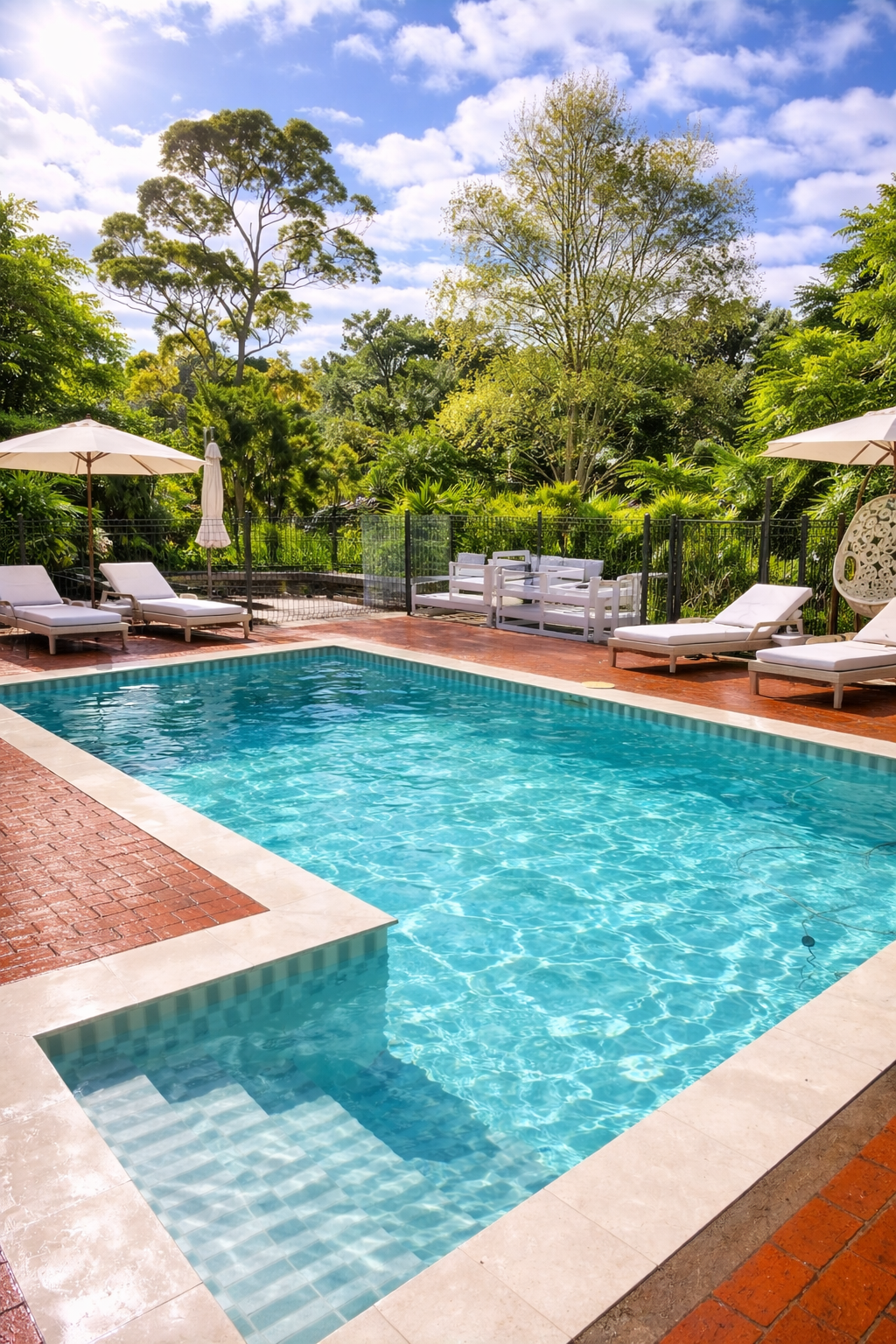 A backyard swimming pool with white lounge chairs, umbrellas, and lush green trees under a partly cloudy sky.
