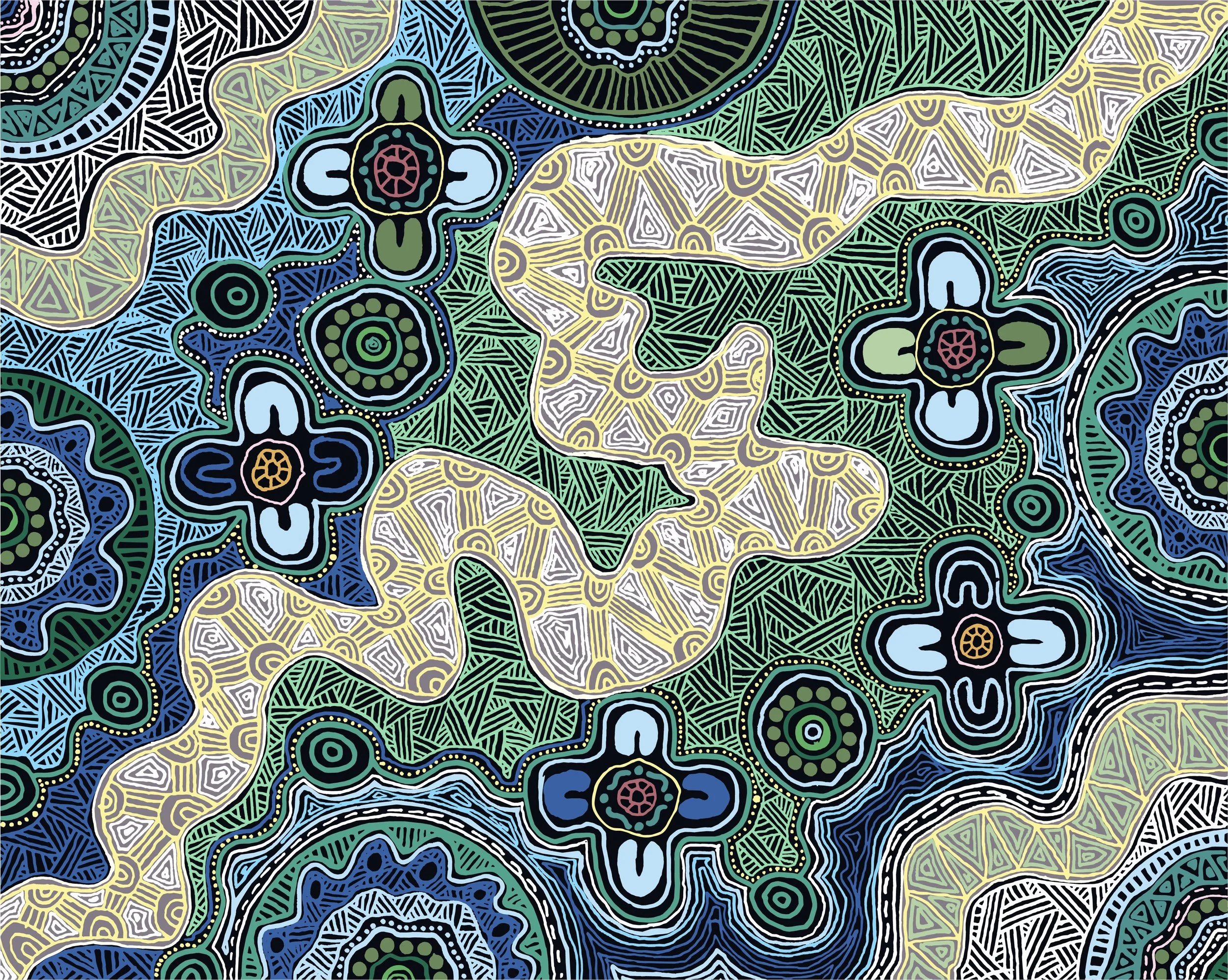 Colorful abstract painting with intricate geometric patterns and shapes in shades of blue, green, yellow, white, and black.