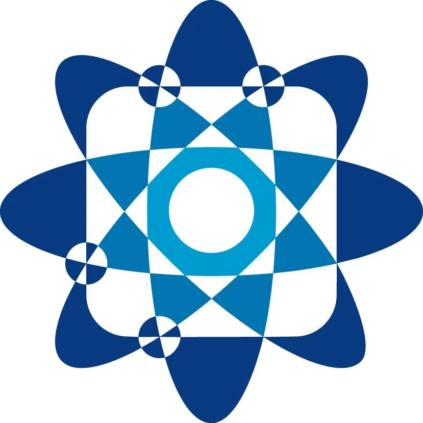 Abstract geometric design of a stylized atom with a central circle and orbiting elliptical shapes in shades of blue.