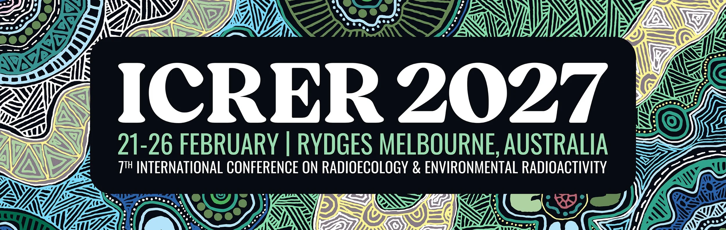Colorful abstract pattern with green, blue, black, white, and yellow designs, overlaid with text for ICRER 2027 conference details in white and green on a black background.