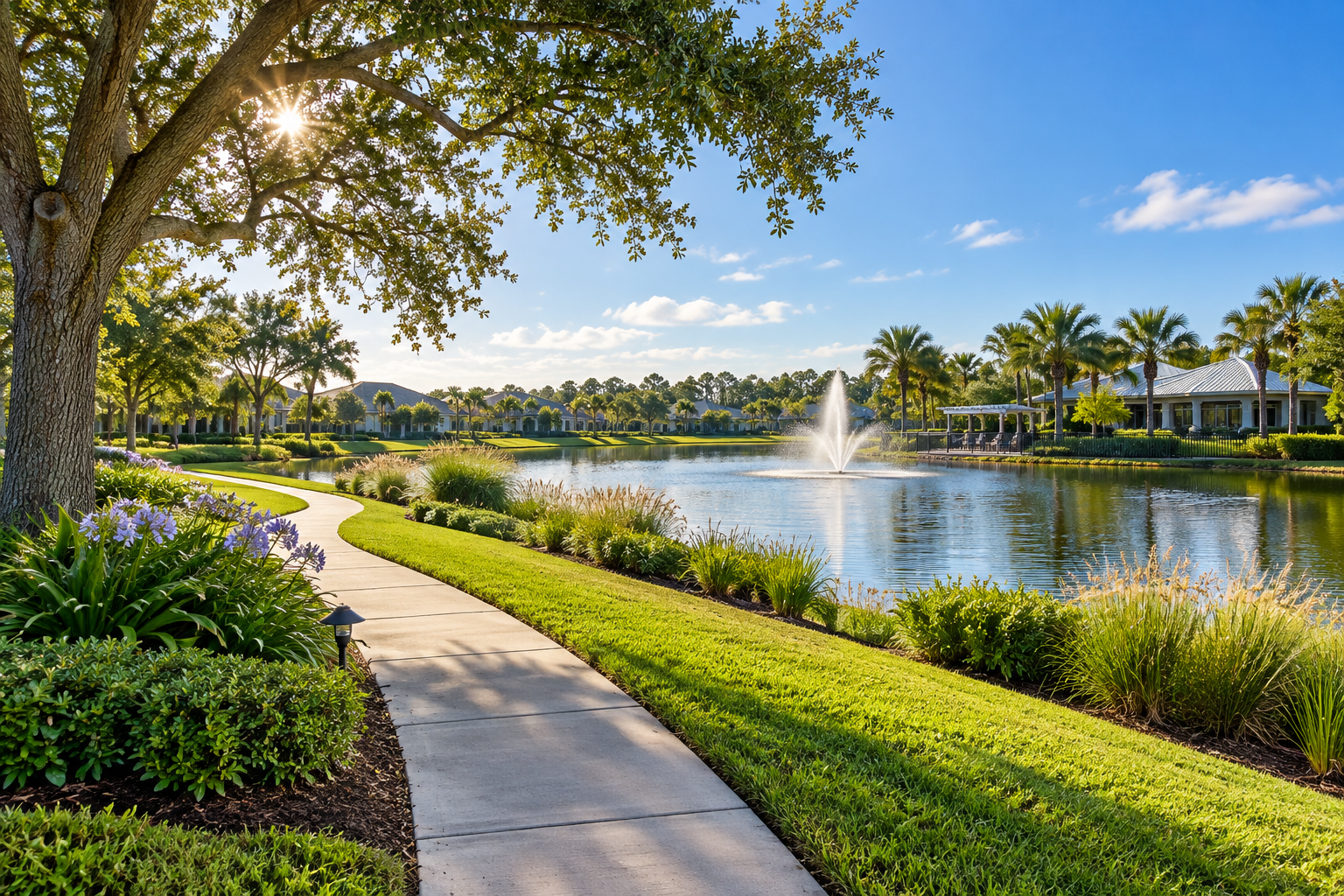 Florida community lake with a fountain, palm trees, and a landscaped walking path
