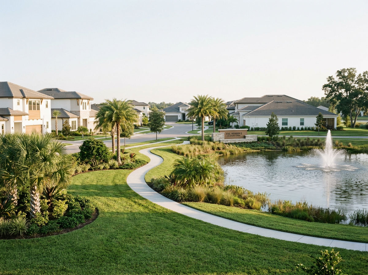 Florida residential community with a curved sidewalk, pond fountain, and landscaped common areas
