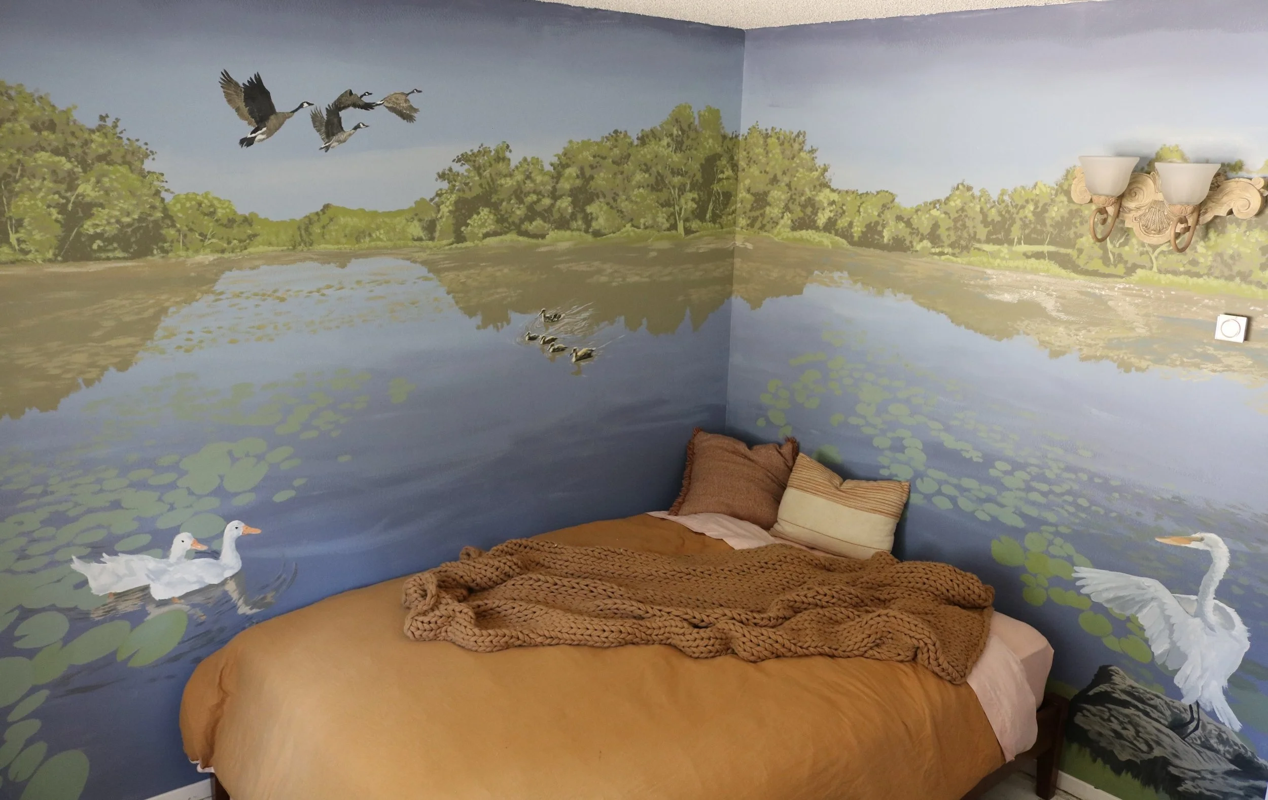 Lake Beauty - Mural - 8 X 21&rsquo;

An immersive lakeside scene painted in a guest bedroom of a home near Bass Lake, CA. 
Painted entirely freehand, the mural features local wildlife including ducks, geese, and an egret. The egret was painted from a