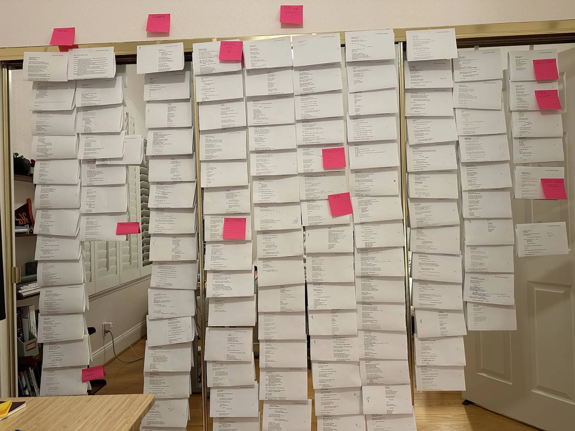 Printed pages of novel hanging up in a home office