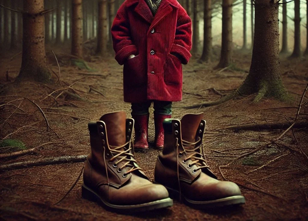 Young girl in red jacket standing behind a large pair of men's boots in the woods