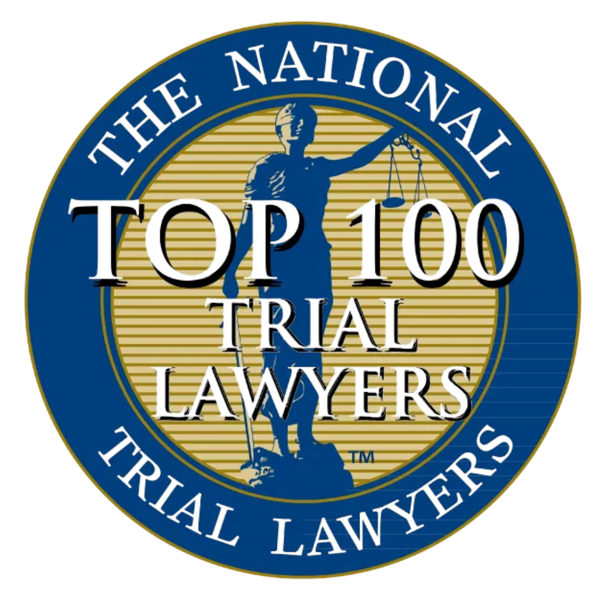 Seal of the National Trial Lawyers, featuring Lady Justice in a blue statue holding scales, with text overlay stating 'Top 100 Trial Lawyers'.
