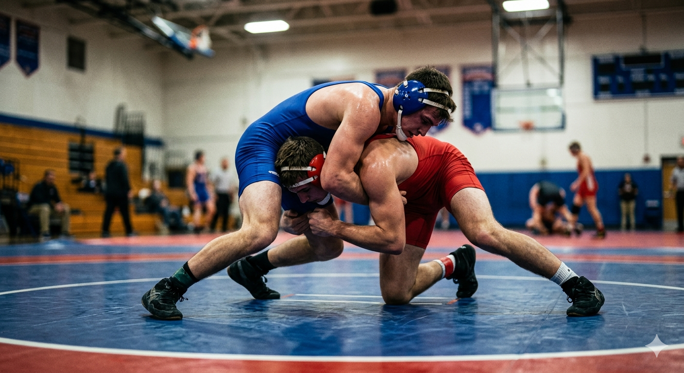 Two male wrestlers competing on a blue wrestling mat in an indoor gymnasium, with one in a blue singlet and the other in a red singlet, both wearing protective headgear.