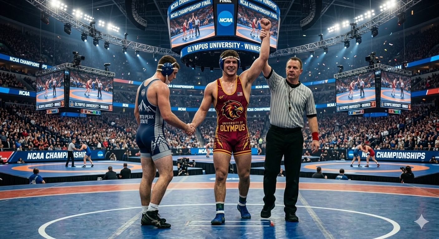 A victorious wrestler in a maroon singlet with ‘University of Olympus’ printed on it raises his arm in victory while holding the hand of his opponent in a blue singlet. The referee in a striped shirt stands between them, raising the winner’s arm. The arena is filled with spectators, and multiple screens display the match details and the words 'NCAA Champion' and 'Olympus University - Winner'.