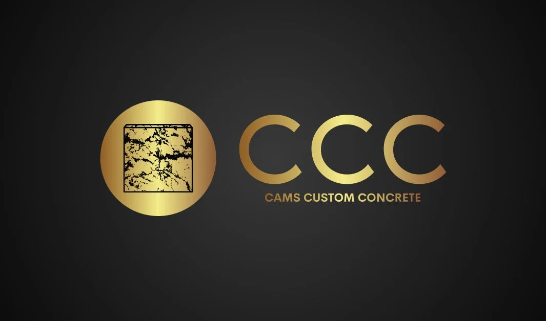 Logo for CAMS Custom Concrete featuring a black and gold color scheme, with a circular symbol containing a cracked concrete pattern and the initials 'CCC'.