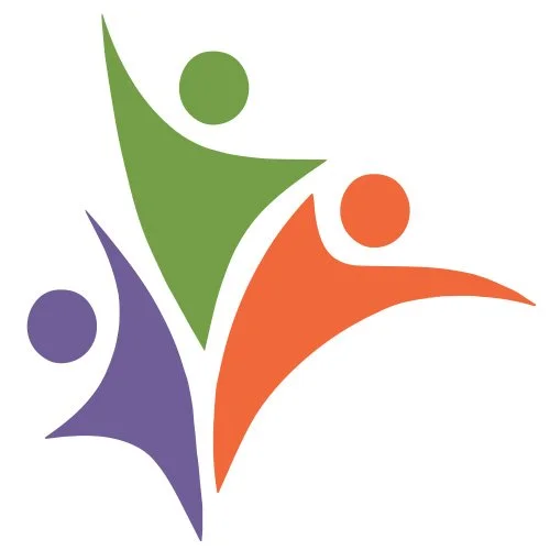 Stylized abstract illustration of three colorful human figures with arms raised, representing community or teamwork.