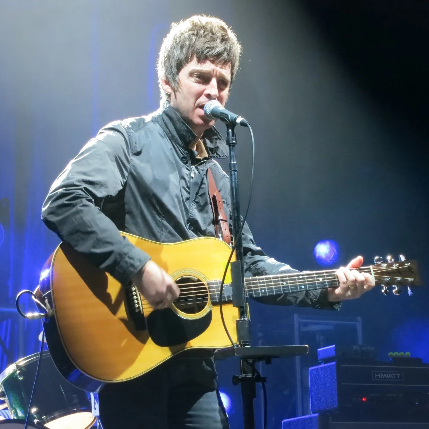 A man singing into a microphone while playing an acoustic guitar on stage.