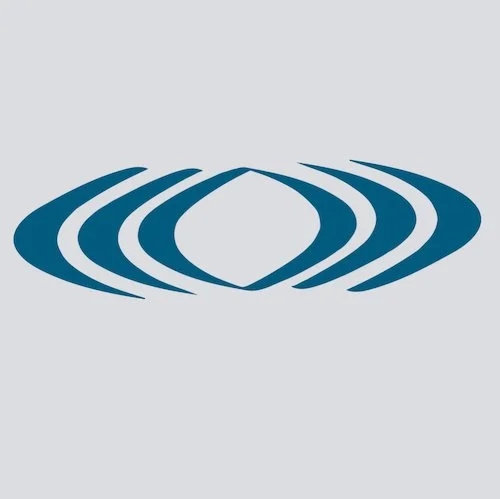 Stylized blue logo with concentric oval shapes on a gray background.