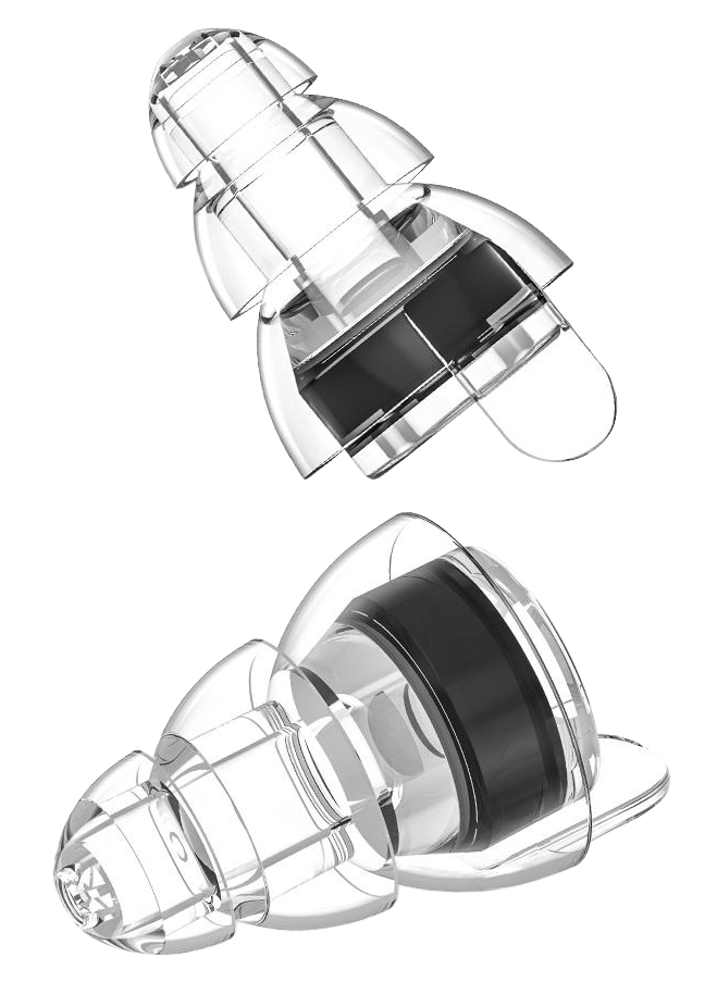 A pair of concert earplugs with black accents, shown from different angles.