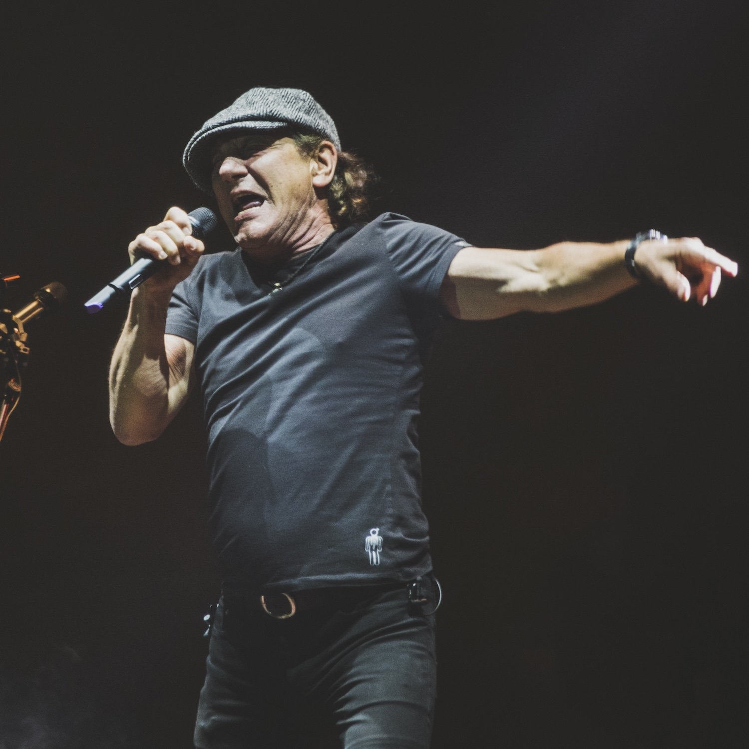 A man singing into a microphone on stage, wearing a gray flat cap and black t-shirt, with one arm extended outward.