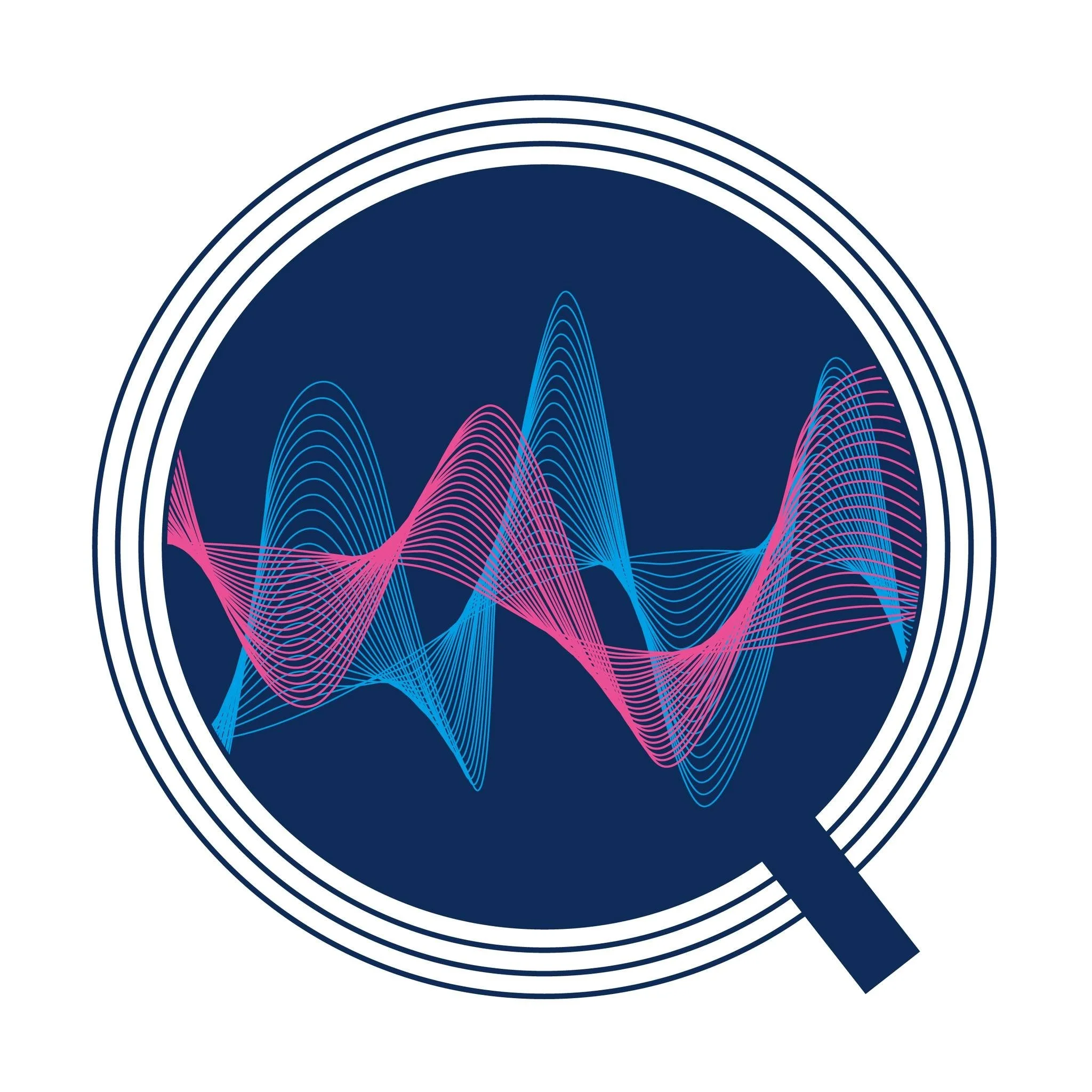 Graphic of a circular display with a magnifying glass icon, containing colorful waveforms in blue and pink on a dark background.