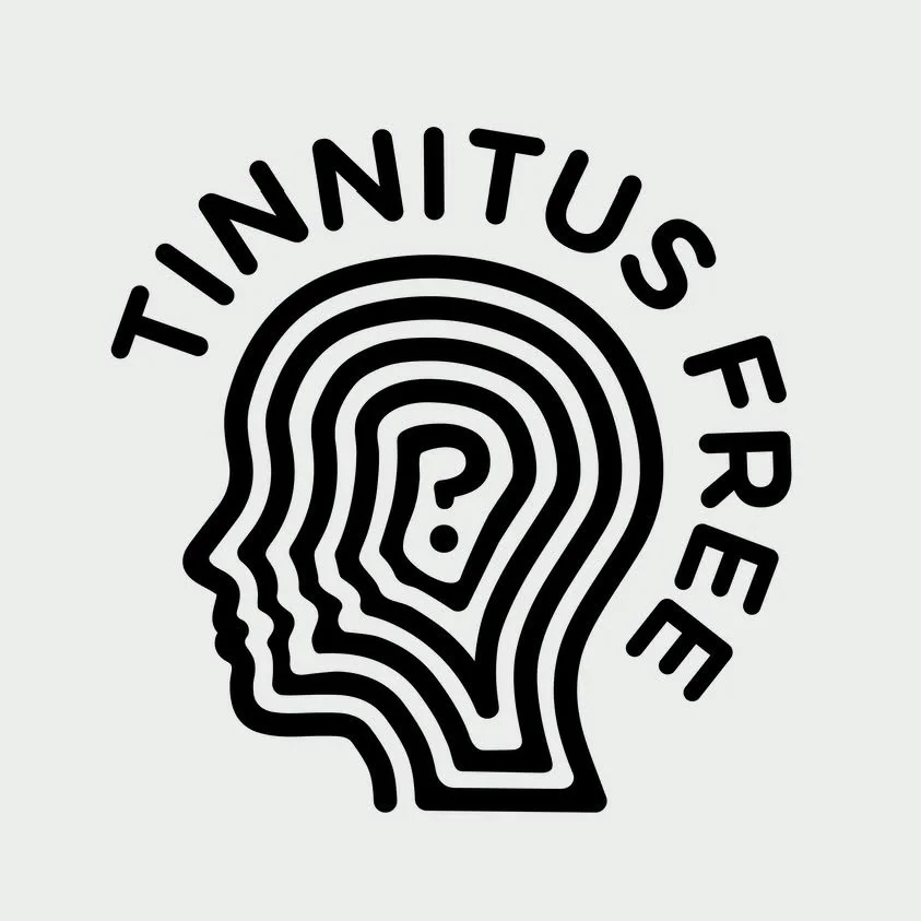 Indigenous-style outline of a human head with layered lines and a question mark inside, with the words 'Tinnitus Free' arched above.