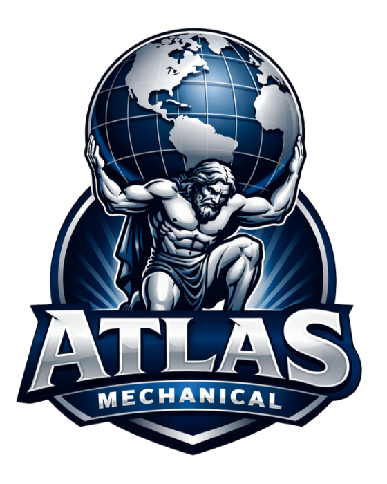 A muscular man holding the globe above his shoulders, with the words 'Atlas Mechanical' below.