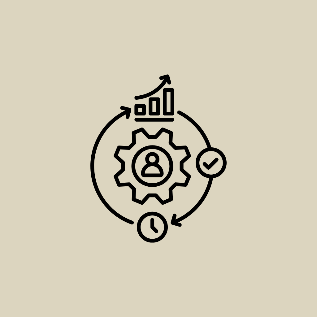 A flowchart illustrating a process of growth or improvement, featuring a gear with a person icon at the center, surrounded by arrows connecting a clock, checkmark, bar chart, and a circle with arrows.