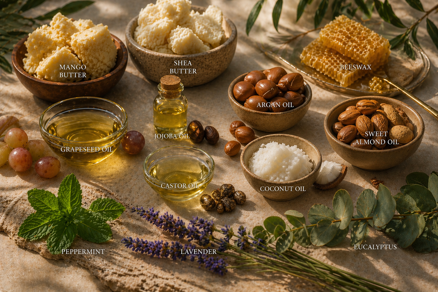 A collection of natural ingredients on a cloth, including mango butter, shea butter, beeswax, argan oil, sweet almond oil, grape seed oil, jojoba oil, castor oil, coconut oil, grapes, fresh mint, lavender flowers, eucalyptus leaves, and honeycomb.