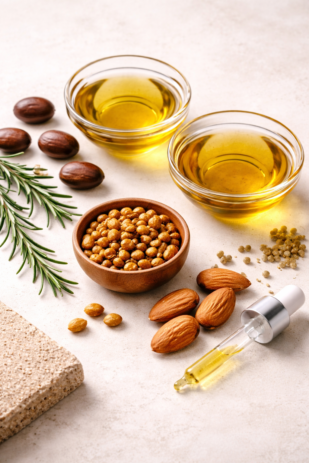 Two bowls of golden oil surrounded by almonds, hazelnuts, rosemary sprigs, coriander seeds, and a dropper with oil on a light surface.