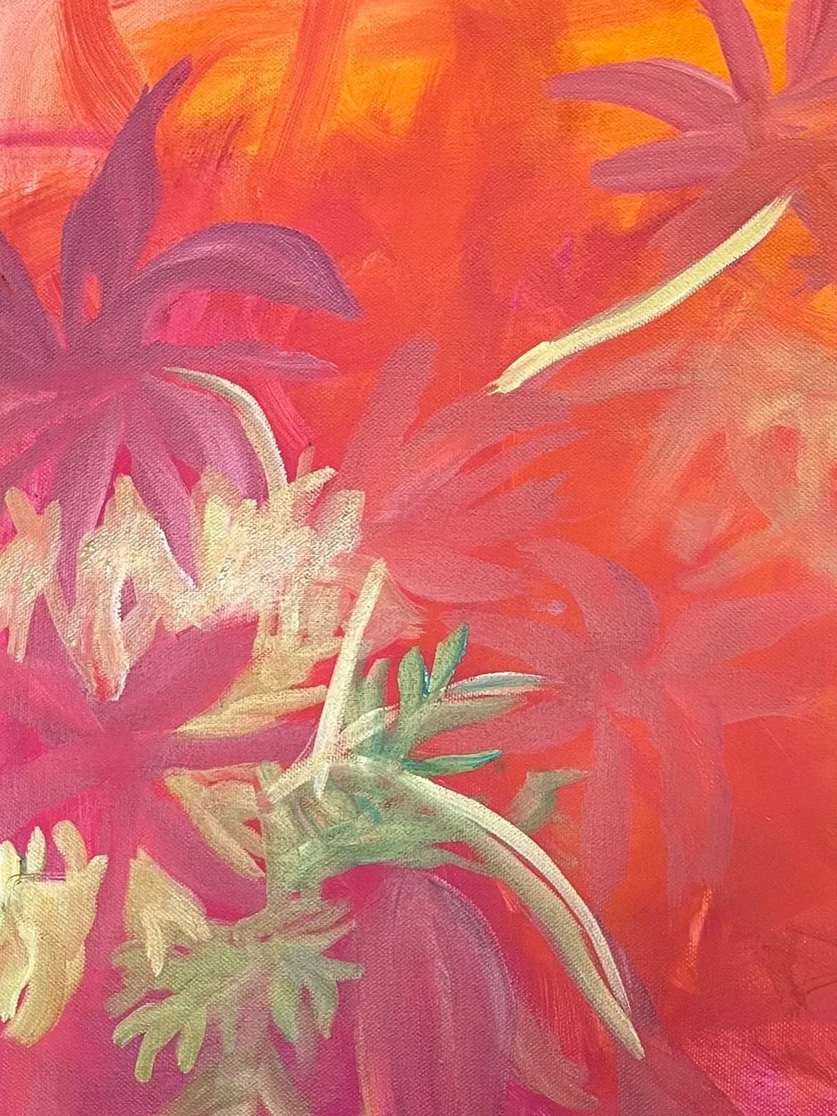 Close-up of a colorful floral painting with shades of pink, purple, cream, and green, set against a vibrant orange background.