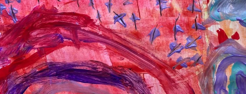 Close-up of abstract colorful painting with brushstrokes in red, purple, blue, green, and hints of yellow, with small blue splash marks on the surface.