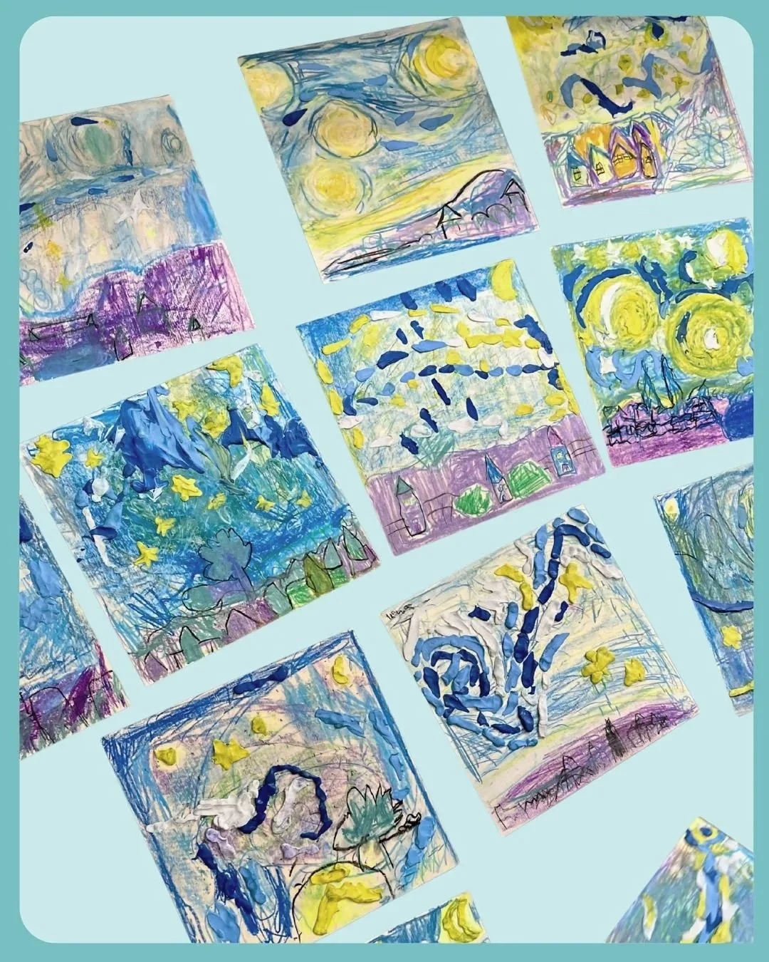Collection of children's drawings inspired by Vincent van Gogh's paintings, featuring landscapes, night scenes, trees, houses, and swirls in vibrant colors.