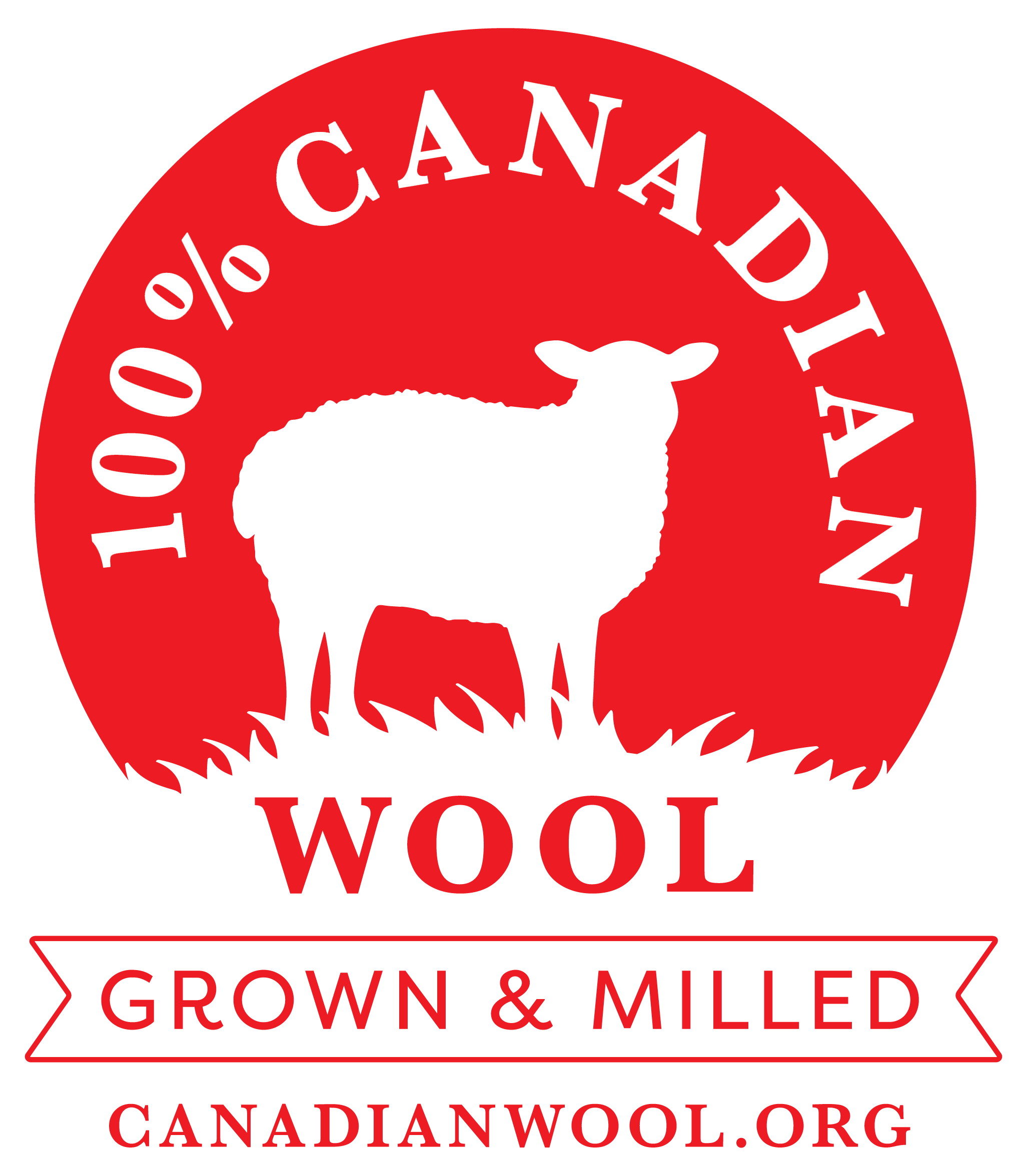 Image in red with white outline of a sheep in the centre. text reads: 100% Canadian Wool. Grown and Milled. canadianwool.org