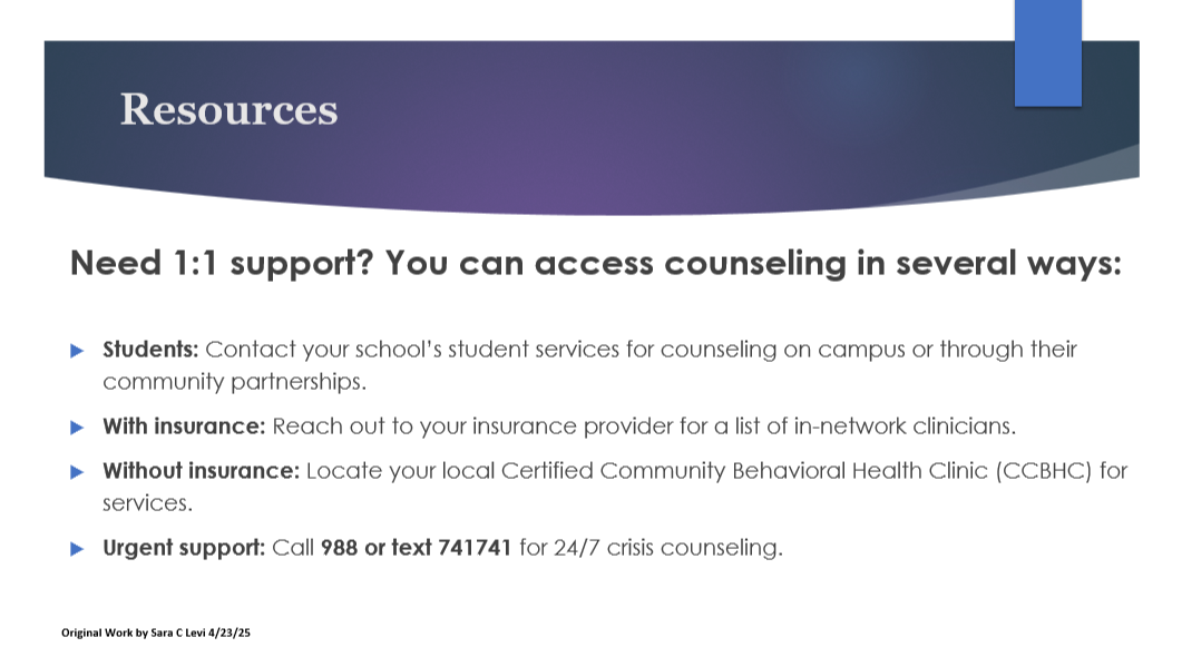 Drawn from original presentations and trainings in higher education (Waubonsee Community College, 2025) and community settings focused on mental health, stress, and trauma-informed support.
