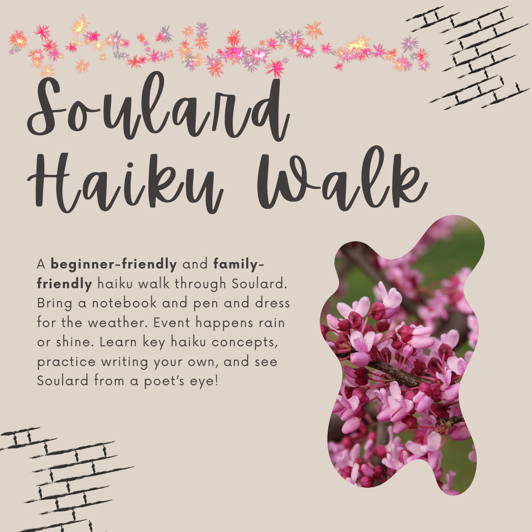A square image with bricks, flowers, and text providing an intro to the haiku walk.