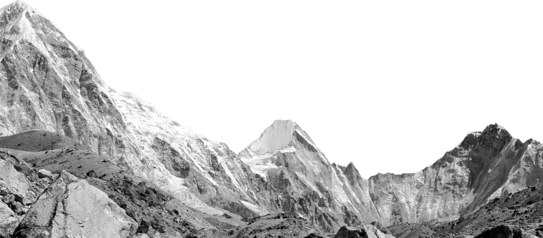 Black and white photograph of rugged mountain terrain with steep, jagged peaks and rocky slopes.