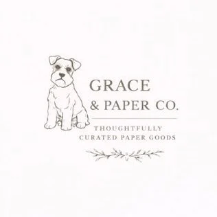 Logo for Grace & Paper Co. featuring a sketch of a dog, with the tagline 'Thoughtfully Curated Paper Goods' and decorative elements.
