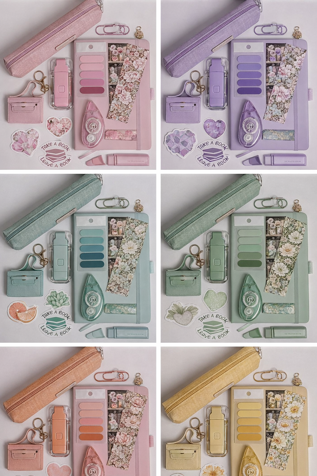 Six sets of stationery and accessories in pastel colors: pink, purple, blue, green, peach, and yellow. Each set includes a pencil case, a small cardholder, adhesive notes, decorative tapes, a hand sanitizer, a keychain, and paper cutouts with inspira