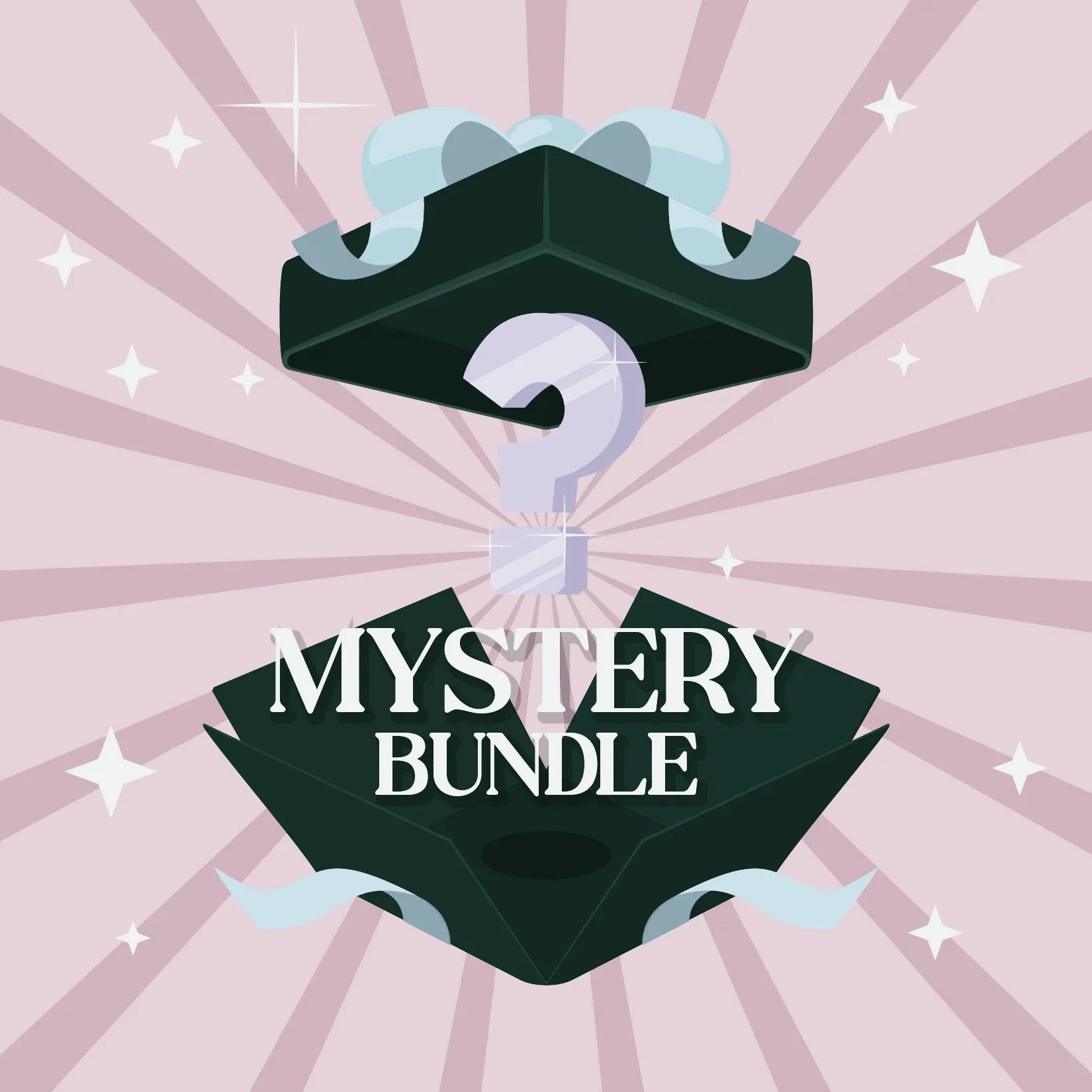 A gift box and lid with a question mark and the text 'Mystery Bundle' on pink background with white stars and rays.