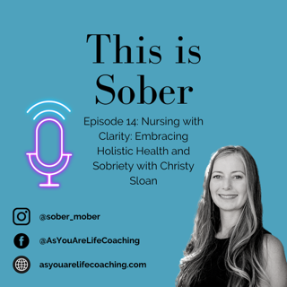 Blue promotional graphic for a podcast episode titled "This is Sober," featuring a black and white photo of Christy Sloan, with icons for Instagram, Facebook, and a website, and text about nursing with clarity, holistic health, and sobriety.