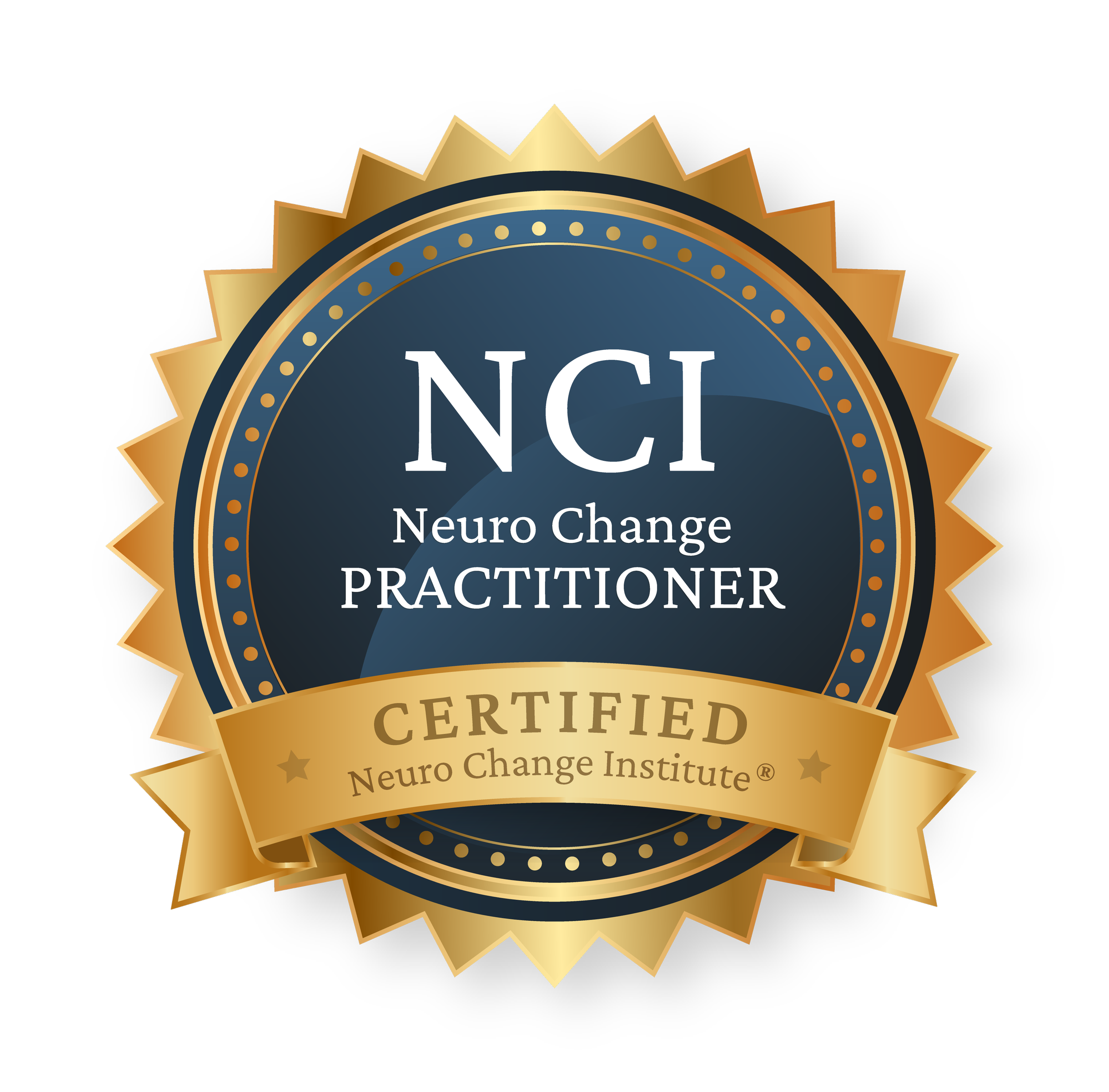 A gold and navy blue certification badge with a scalloped edge. It reads 'NCI Neuro Change Practitioner' in the center and 'Certified Neuro Change Institute' on a gold ribbon at the bottom.