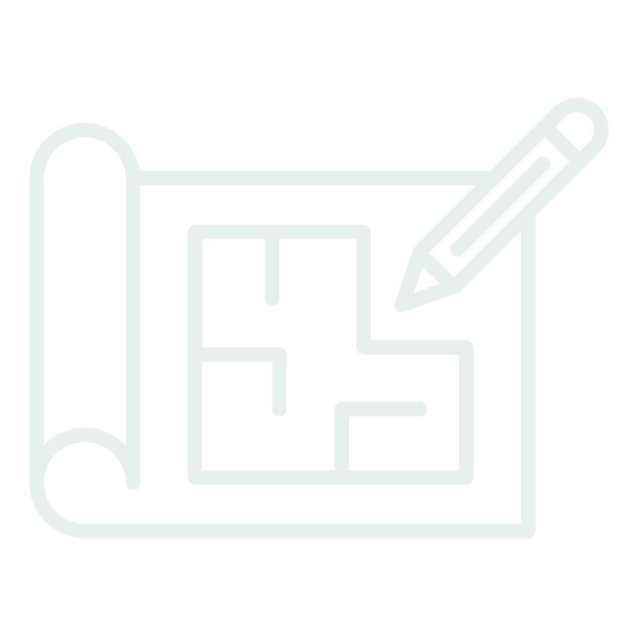 Outline of a rolled-up blueprint, a floor plan drawing, and a pencil.