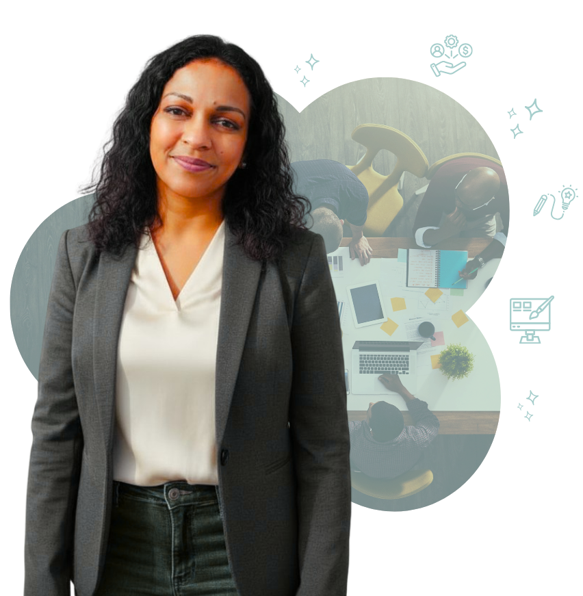 Suji stands and smiles at the viewer, wearing a grey jacket over a cream silk blouse and jeans. Behind her is a graphic of people in a meeting within a flower image frame with operations and design related icons floating around the margins