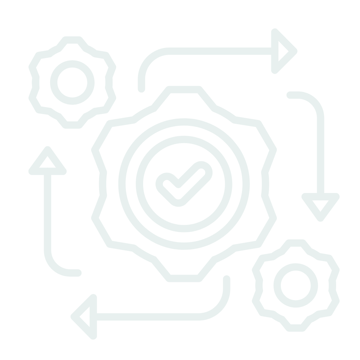 Icons of gears with a check mark in the center, surrounded by arrows indicating process or cycle, representing system optimization or management.