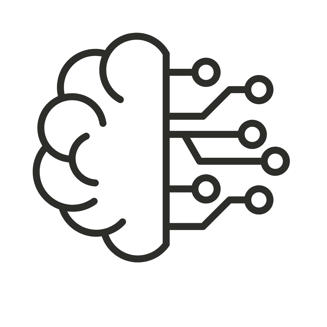 Outline of a human brain connected to a circuit board on the right side, representing artificial intelligence or neural networks.