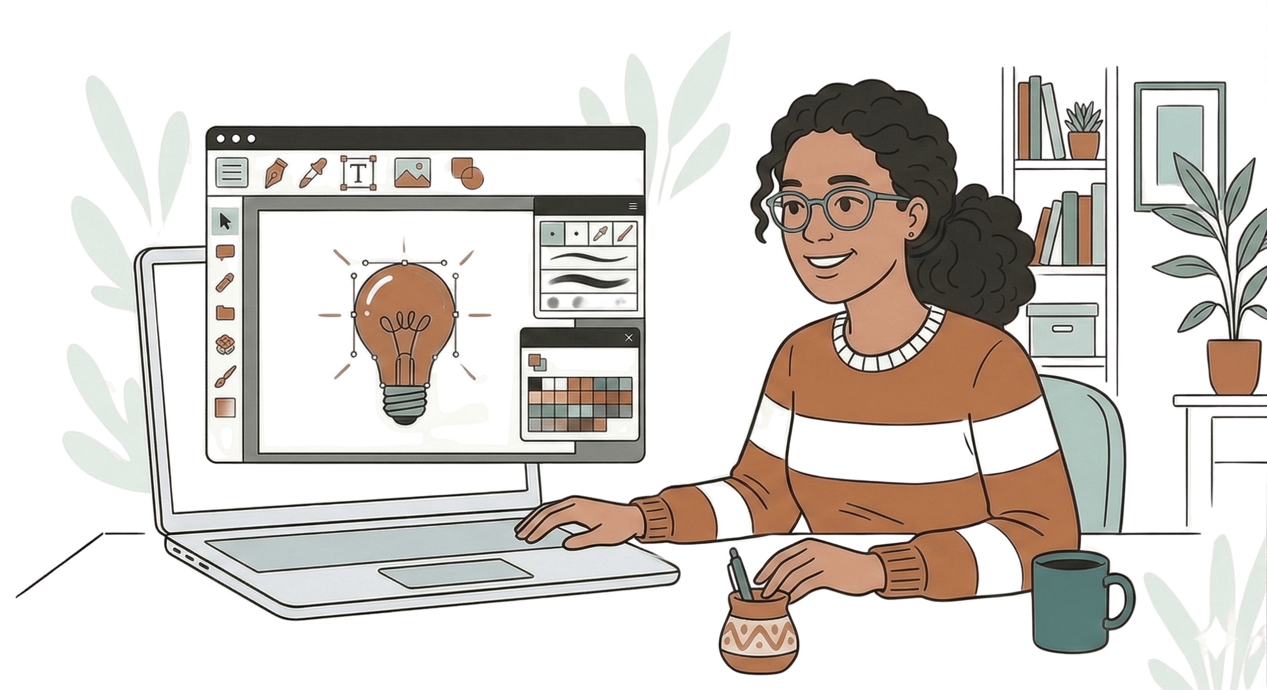 An illustration of a person working at a desk with a laptop displaying a lightbulb design and art tools. The person has curly hair, glasses, and is smiling, with a mug and a small cup on the desk. There are bookshelves with plants and books in the background.